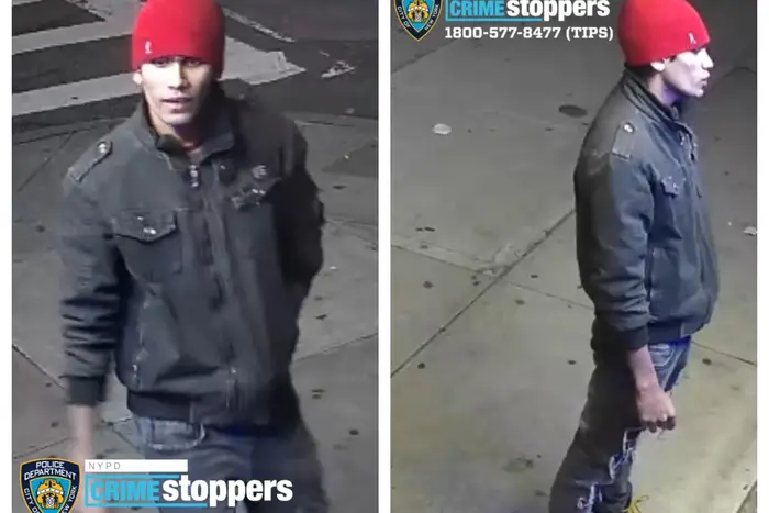 Two images of a suspect for a homicide in Queens from different angles.